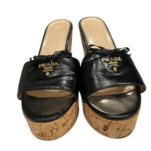 Prada black patent Saffiano leather block heel sandals Sz:38